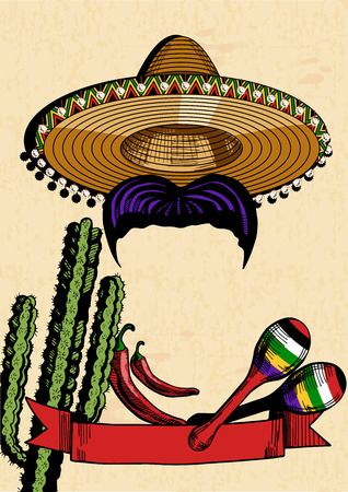 Vector illustration of sombrero hat and black moustaches surrounded with different Mexican objects: maracas, chili pepper and cactus on vintage paper background. Red ribbon with place for text.のイラスト素材