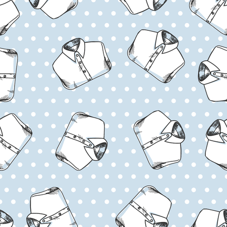 Vector seamless polka dot pattern with white shirts. Tender light-blue background.のイラスト素材