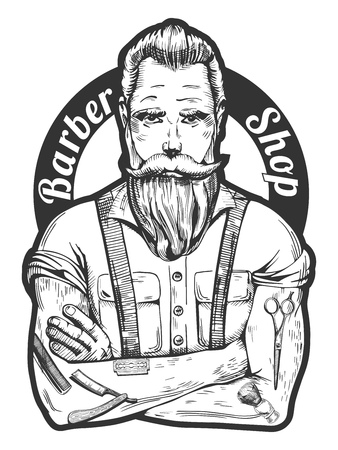 Vector illustration of detailed ink-drawn handsome athletic man with nice full beard, mustaches and barber-related tattoos. Barber Shop inscription on the background.のイラスト素材