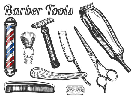 Vector illustration of vintage barber tools: classic barbers pole, shaving brush, safe and straight razors, hairdressing scissors, hair brush, blade and electric shaving machine.のイラスト素材