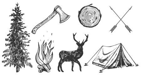 Vector illustration of hand drawn forest camping vacation objects set: spruce, ax, camp bonfire, deer silhouette, wood cut, arrows, tent. Vintage engraving style.のイラスト素材