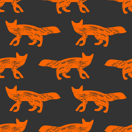 Vector illustration of a seamless fox pattern. Red foxes silhouettes on the dark grey background. Vintage hand drawn silhouette style.のイラスト素材