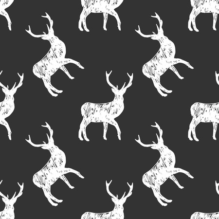 Vector illustration of a deer silhouette seamless pattern. White objects on dark grey background - chalk hand drawn imitation.のイラスト素材