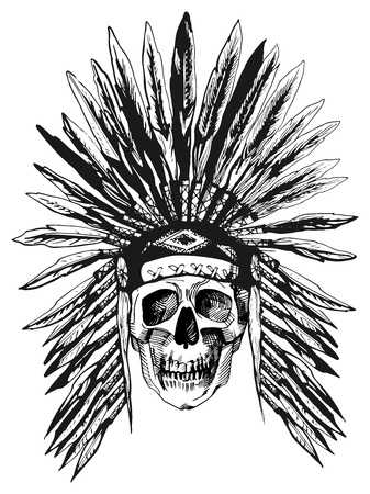 Vector black and white illustration of a skull in Native Americans feather headdress. Ink hand-drawn style isolated on white.のイラスト素材