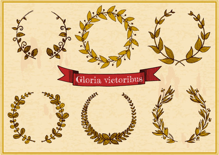 Vector illustration of 6 different golden laurel wreaths and red ribbon with Latin phrase: Gloria victoribus, what means: Glory to the victors.  Vintage old yellow paper background.