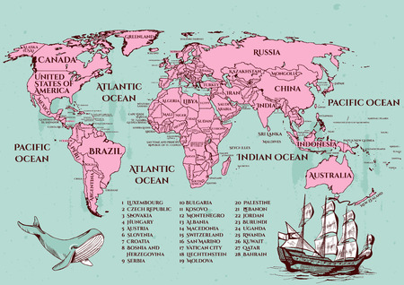 Vector illustration of a vintage style world map with all the official countries on 2017 year. Turquoise ocean, pink map with blue whale and ship decorations. Old-fashioned engraving style.のイラスト素材