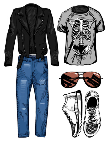 Vector illustration of a male casual clothing look: double racer leather jacket, blue denim jeans, skeleton printed t-shirt, accessories: brown aviator sunglasses and white sneakers.のイラスト素材