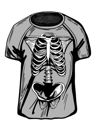 Vector illustration of grey t-shirt with stylish modern skeleton rib cage print. Hand-drawn style.のイラスト素材