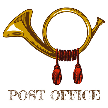Vector illustration of brass vintage postal horn in colored hand-drawn style.