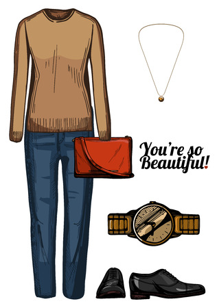 Vector illustration of women fashion clothes look set. Boyfriend jeans, beige cashmere sweater, red crossbody bag, gold watch and pendant, black oxford shoes.のイラスト素材