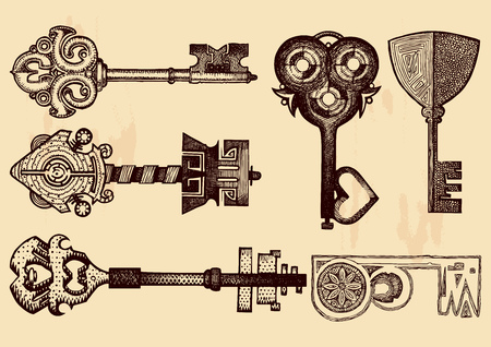 Vector illustration set of fantasy, mystic looking lock-opening keys. Old fashioned engraving style.のイラスト素材