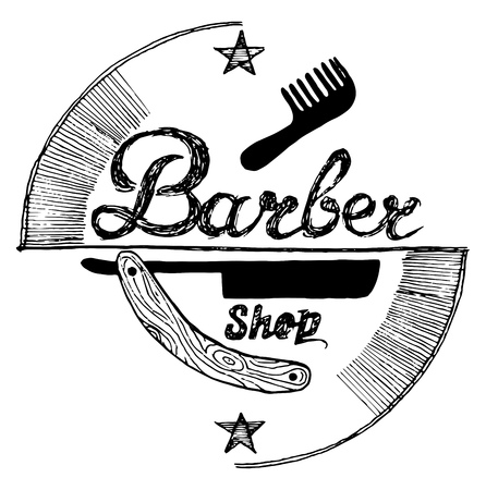 Vector illustration of old fashioned engraving style emblem for barber shop. Vintage drawing style.のイラスト素材