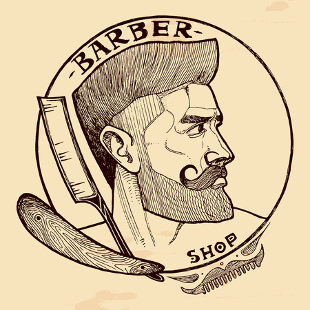 Vector illustration of barber shop emblem with handsome man with beard, sideburns, moustaches and straight razor. Vintage hand-drawn style.のイラスト素材