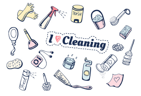 Vector illustration of I love cleaning icons set. Different items: gloves, spray, trash bin, gel, brush, dishwashing sponge, player, toilet cleaner, plunger.のイラスト素材