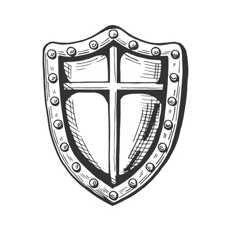 Vector medieval knight shield icon. Middle age hand drawn illustration emblem in vintage style.のイラスト素材