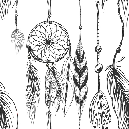 Vector illustration of black and white dream catcher pattern in hand drawn style.のイラスト素材