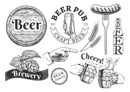 Beer emblems, labels set vector illustration,, pub, craft, brewery, snacks, cheers inscriptions. Barrel, hand with glass, sausage on fork, wheat, bottle, pointing finger, lid, hop, clinking stein drawings. Hand vintage engraving drawn style.のイラスト素材