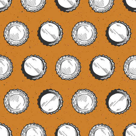 Beer bottle caps or lids vector illustration seamless pattern on a beer yellow color background. Hand drawn vintage grunge style.のイラスト素材