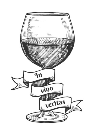 Vector illustration of red wine glass with a ribbon around it with the inscription of Latin saying In vino veritas which means In wine is the truth. Vintage hand drawn engraving style.のイラスト素材