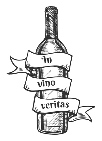 Vector illustration of a wine bottle with a ribbon around it with the inscription of Latin saying In vino veritas which means In wine is the truth. Vintage hand drawn engraving style.のイラスト素材