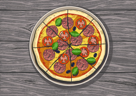 A Vector illustration of a whole sliced pepperoni on  Vintage hand drawn engraving style color illustration.のイラスト素材