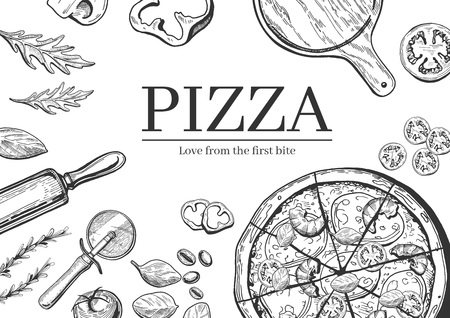 A Vector illustration of a seafood pizza cooking background vintage hand drawn.のイラスト素材