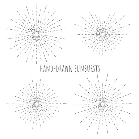 Vector illustration of a hand drawn sunbursts on white. Circle, heart, square, star shape vintage glow.のイラスト素材
