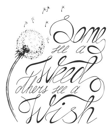 Vector illustration of a fluffy dandelion with calligraphy lettering composition romantic motivational quote Some see a weed, others see a wish. Vintage engraving style.のイラスト素材