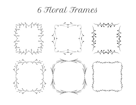 Vector illustration of 6 square vintage empty tender floral frames. Vintage hand drawn engraving monochrome style. Wedding decorative elements.のイラスト素材