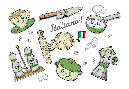 Vector illustration of Italian tableware cartoon doodle set. Espresso coffee cup, knife with moustaches, salt and pepper containers, sauce pan, moka pot, pizza circle board and rolling pin holding hands. Italy flag, Italiano badge.のイラスト素材