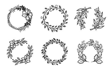 Vector illustration of a different wreath set. Flowers, leaves and branches in a hand drawn tender cute doodle style. Great for floral wedding decorations.のイラスト素材