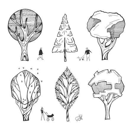 Vector illustration of architectural trees drawings. Stylized cartoon simplified minimalistic sketch doodle style. People silhouettes. Mom with baby carriage, boy with a dog, old man. Hand drawn.のイラスト素材