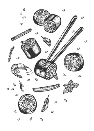 Vector illustration of a floating in space sushi rolls set. Sushi with a chopsticks, seafood, nori, Japanese fast food, shrimp, cucumber slice. Hand drawn style.のイラスト素材