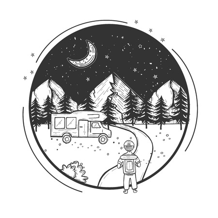 Vector illustration of wildlife nature mountains forest night landscape with moon and stars. Hiking man with backpack walking the footpath to the camper car. Hand drawn modern vintage style.のイラスト素材