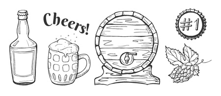 Vector illustration of beer emblems, labels set. Pub, craft, brewery, cheers. Barrel, bottle, lid, hop, stein drawings. Hand drawn outline sketch style.のイラスト素材