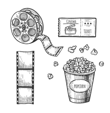 Vector illustration of cinema set. Ticket, popcorn, film, bobbin. Vintage hand drawn style.のイラスト素材