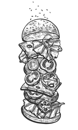Vector illustration of american burger anatomy vertical set. Fresh pepper, onion, tomato, cheese slices, grilled meat, lettuce, bun, ketchup. Vintage hand drawn style.のイラスト素材