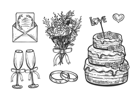Vector illustration of bridal ceremony accessories set. Wedding objects composition with flower bouquet, rings, adorn champaign glasses, cake with love stick, invitation in envelope. Vintage hand drawn style.のイラスト素材