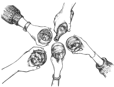 Vector illustration of party and celebration set. Company drinking alcohol at bar, female and male hands holding glasses with drinks, bottle with beer cheers clinking. Vintage hand drawn style.のイラスト素材