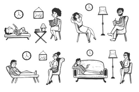Vector illustration of psychotherapist and patient doodle set. Doctor therapist appointment work process in the cabinet. Man and woman. Vintage hand drawn style.のイラスト素材