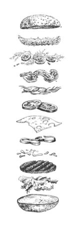 Vector illustration of levitating burger ingredients. Hamburger, bun, meat cutlet, bacon, pickles, onion, cheese, paprika, sauce, salad leaves. Fast food cooking process. Vintage hand drawn styleのイラスト素材