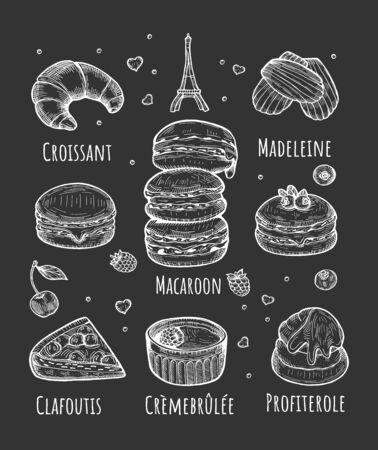 Vector illustration of a French pastry set. Cookies and cakes. Croissant, macaroon, madeleine, clafoutis, creme brulee, profiterole. のイラスト素材