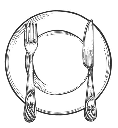 Tableware table setting. Restaurant dinner organization arranging. Simple empty plate with spoon and fork. Vintage hand drawn style.のイラスト素材