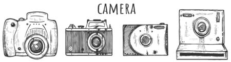 Vector illustration of cameras set. Front view of mirror cam, vintage, instant. Device assortment for making image, taking photos. Vintage hand drawn style.のイラスト素材