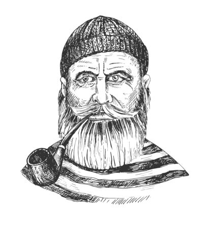 Vector illustration of old captain man in beanie with smoking pipe portrait. Bearded hipster ship sailor. Marine nautical seaman character in stripped t-shirt. Vintage hand drawn style.のイラスト素材