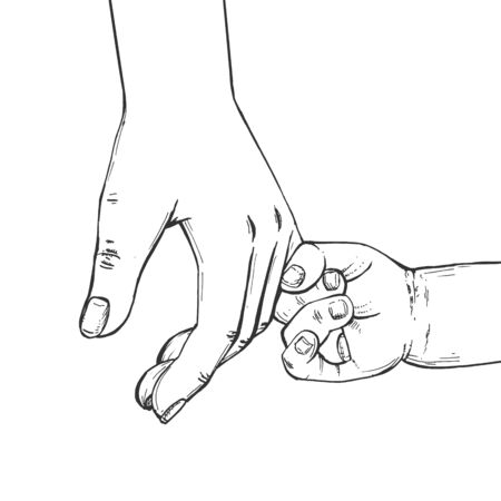 Vector illustration of childhood care, parenting, family. Child hand holding dad finger. Happy father day. Vintage hand drawn style.のイラスト素材