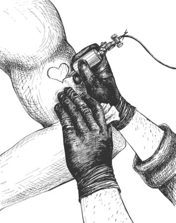 Vector illustration of professional tattoo-artist at work. Tattoo master arms wearing gloves drawing heart with tattoo-machine on male hand biceps. Salon advertisement. Vintage hand drawn style.のイラスト素材