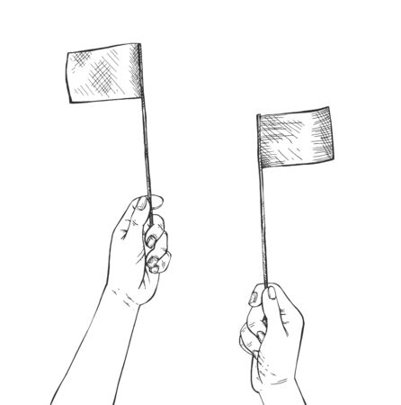Vector illustration of aircraft marshalling signal. Human hands holding two small flags making sign like airport worker to plane. Vintage hand-drawn style.のイラスト素材