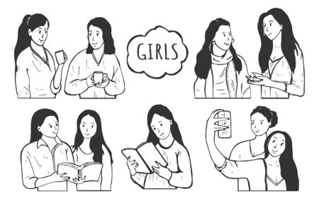 Vector illustration of young ladies simple women portraits set. Girl friends drinking coffee or tea, reading books, making selfie photo, talking and gossiping. Vintage hand drawn style.のイラスト素材
