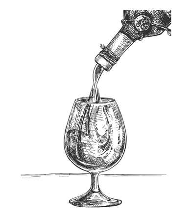 Vector illustration of the red wine being poured into a glass. Alcohol serving and drinking degustation by professional sommelier. Vintage hand drawn engraving style.のイラスト素材